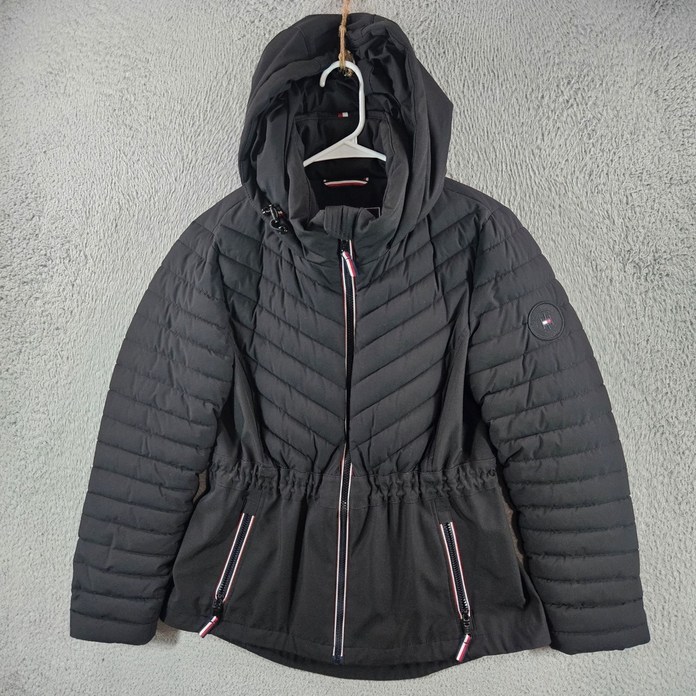 Tommy Hilfiger Womens Black Hooded Chevron Quilted Puffer Jacket Coat Small